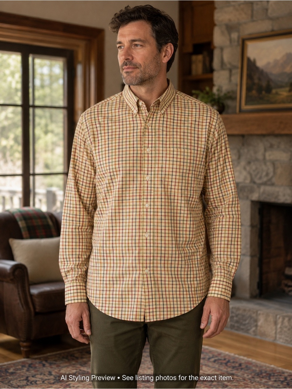 Orvis Charles F. Orvis Signature Men’s L Tan Plaid Cotton Button Down Shirt